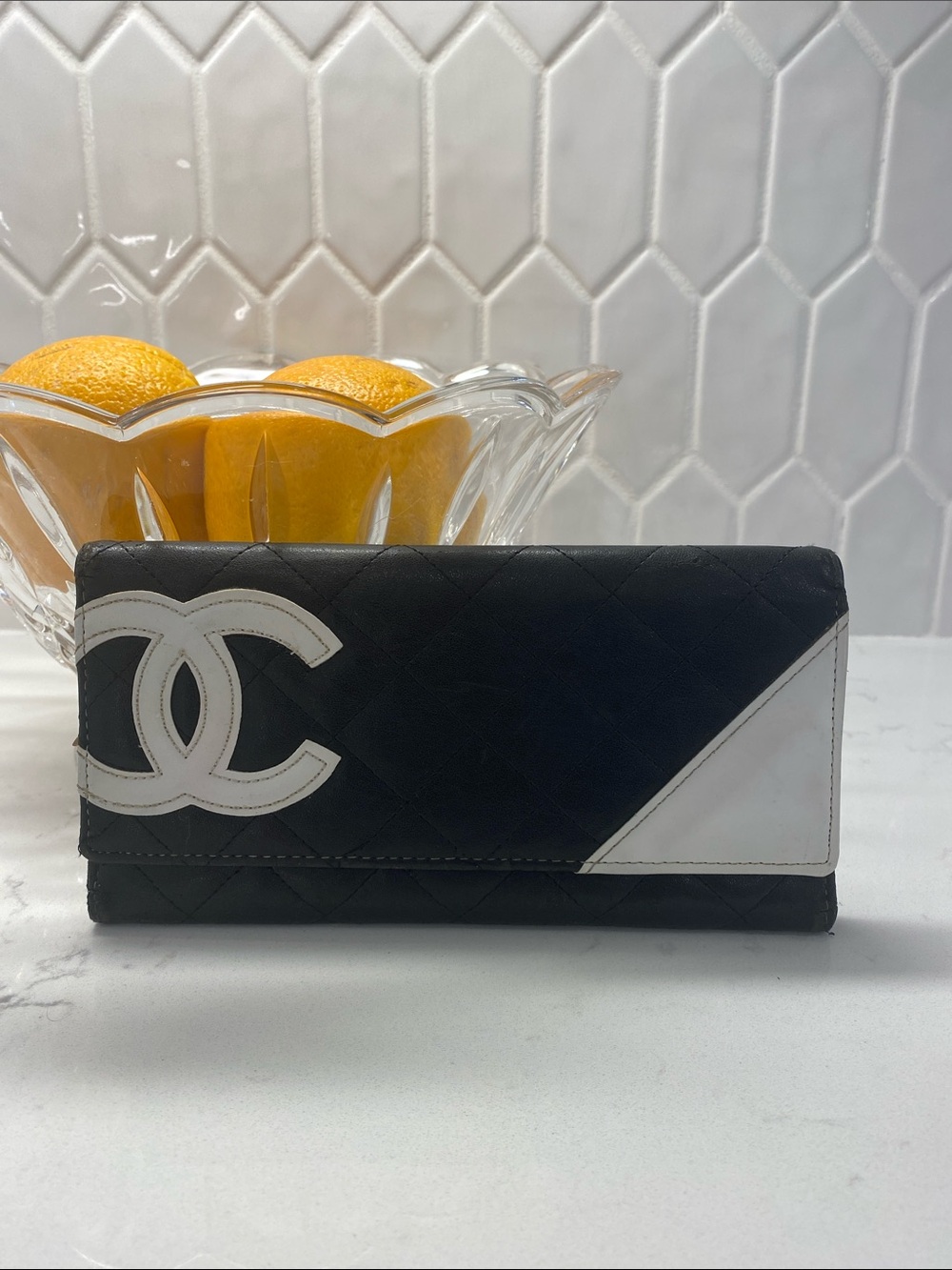 Chanel Cambon Line Long Wallet Black White Diamond Used Women Classic RARE ✨